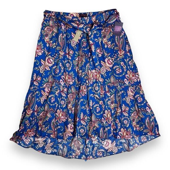 J Crew Skirt WMNS 12 Blue Belted pull-on Midi Liberty Flora Belle K7713 Ruffle - Picture 2 of 13